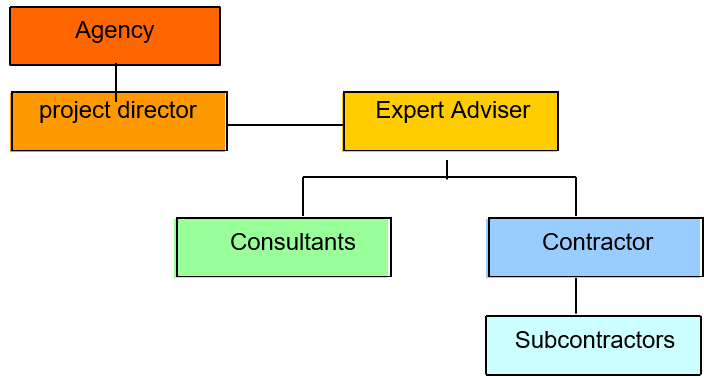 Graph shows lines of communication from the agency to the project director and from project director to expert adviser. The expert adviser has lines of communication to consultants and contractor, and the contractor to subcontractors.